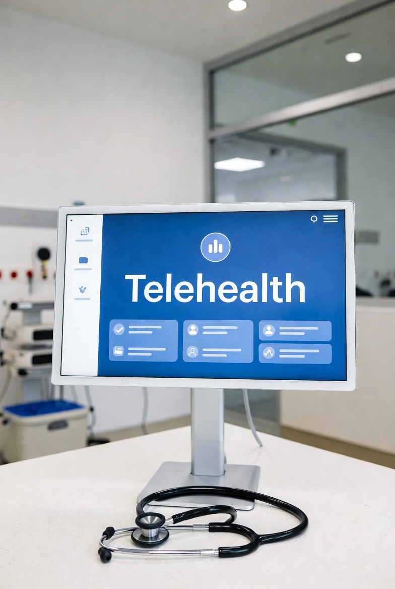 A photograph of a healthcare environment with a telehealth interface on a screen and a stethoscope on a desk.